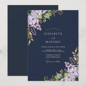 Invitation Mariage Fleur Botanique Lilas Navy (Devant / Derrière)