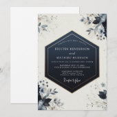 Invitation Mariage Fleur Botanique Navy (Devant / Derrière)