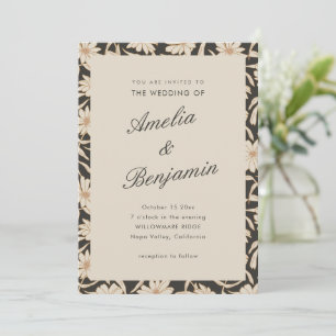 Invitation Mariage Fleur Botanique Noir Ivoire Floral Foncé
