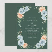 Invitation Mariage Fleur Botanique Pêche Bleue (Devant / Derrière)