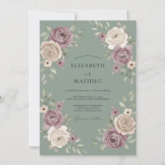 Invitation Mariage Fleur Botanique Rose Mauve (Devant)