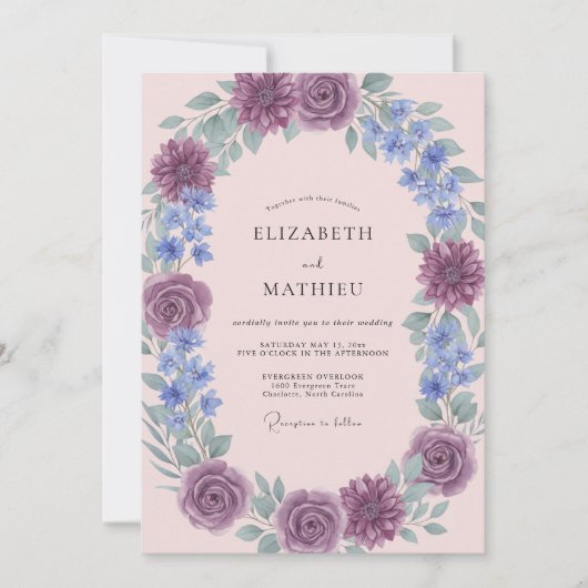 Invitation Mariage Fleur Botanique Rose Pourpre (Devant)