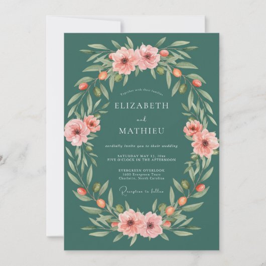 Invitation Mariage Fleur Botanique Sarcelle (Devant)