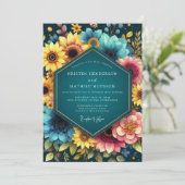 Invitation Mariage Fleur Botanique Sarcelle (Debout devant)