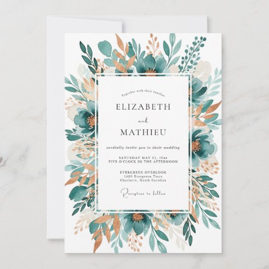 Invitation Mariage Fleur Botanique Sarcelle (Devant)