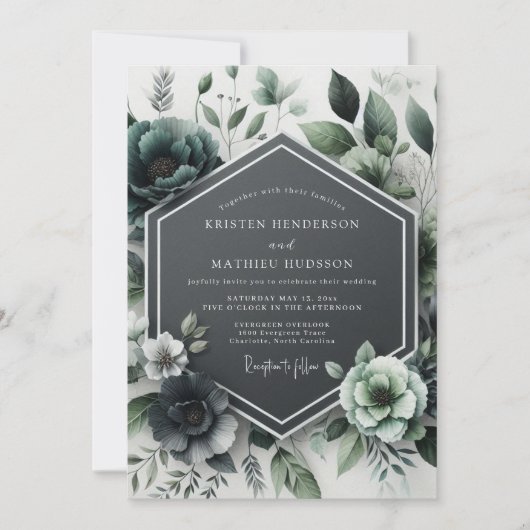 Invitation Mariage Fleur Botanique Sarcelle (Devant)
