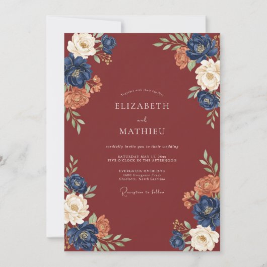 Invitation Mariage Fleur Burgonde Dorée (Devant)