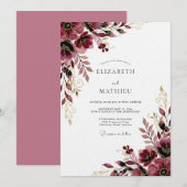 Invitation Mariage Fleur Burgonde Dorée (Devant / Derrière)