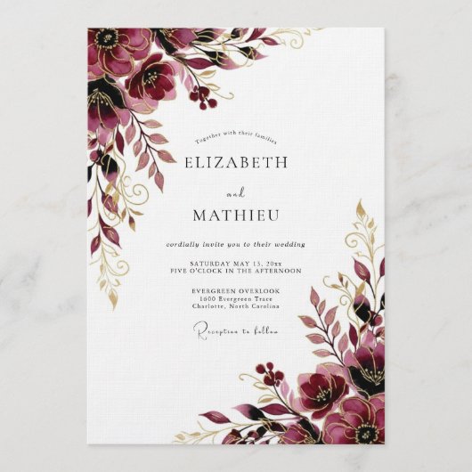 Invitation Mariage Fleur Burgonde Dorée (Devant)