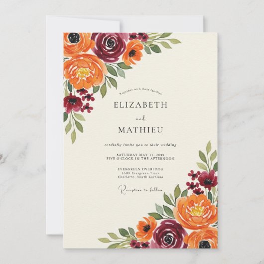 Invitation Mariage Fleur Burgundy Orange Painterly (Devant)