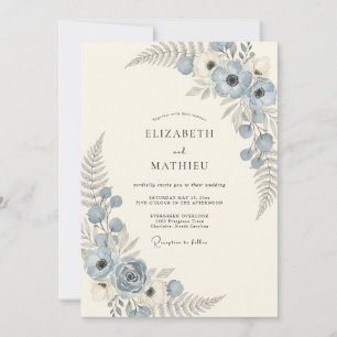 Invitation Mariage Fleur Céleste Bleu Poussiéreux