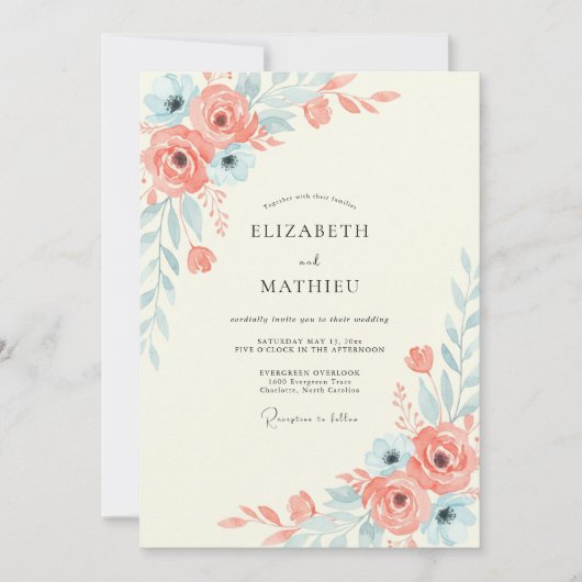 Invitation Mariage Fleur Corail Aqua (Devant)