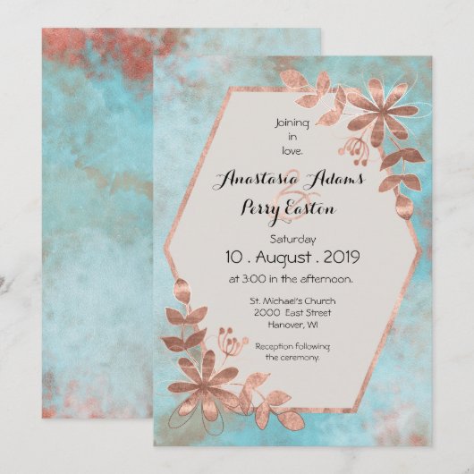 Invitation Mariage Fleur Cuivre sur Aquarelle Sarcelle (Devant / Derrière)