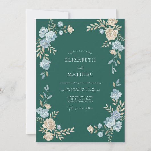 Invitation Mariage Fleur Cyan foncé (Devant)