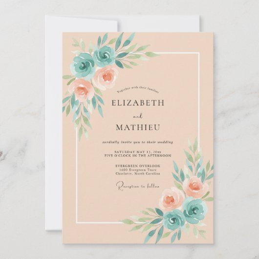 Invitation Mariage Fleur d'Abricot Turquoise (Devant)