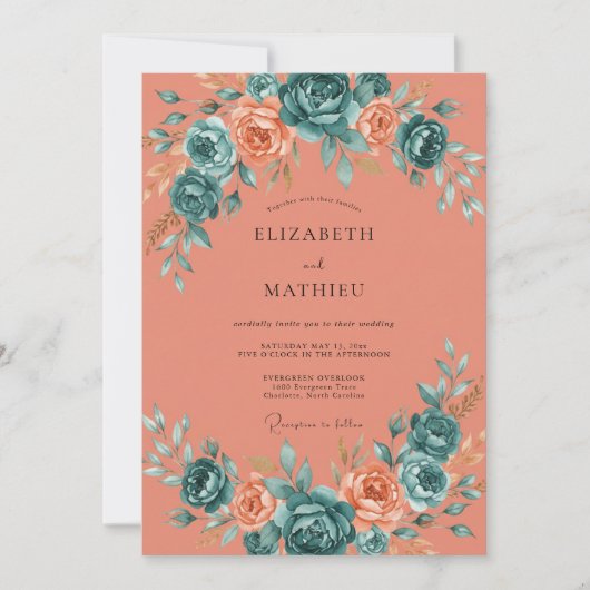Invitation Mariage Fleur d'Abricot Turquoise (Devant)