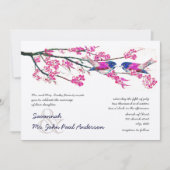 Invitation Mariage Fleur d'Achillée Rose Bleu Marine Oiseau d (Devant)