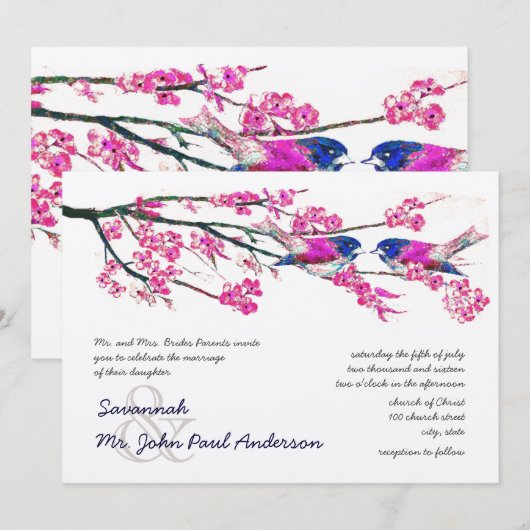 Invitation Mariage Fleur d'Achillée Rose Bleu Marine Oiseau d (Devant / Derrière)