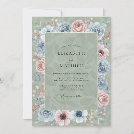 Invitation Mariage Fleur d'Acier Céladon (Devant)