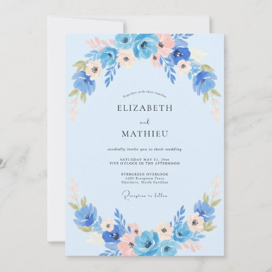 Invitation Mariage Fleur d'Anémone Azur et Pêche (Devant)