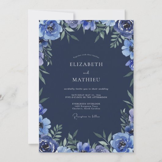 Invitation Mariage Fleur d'anémone cobalt (Devant)