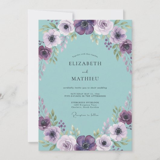 Invitation Mariage Fleur d'Anémone Lilas Aqua (Devant)