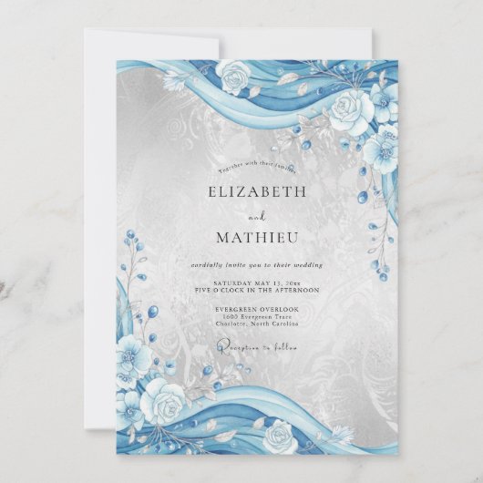 Invitation Mariage Fleur d'Azure Argenté (Devant)