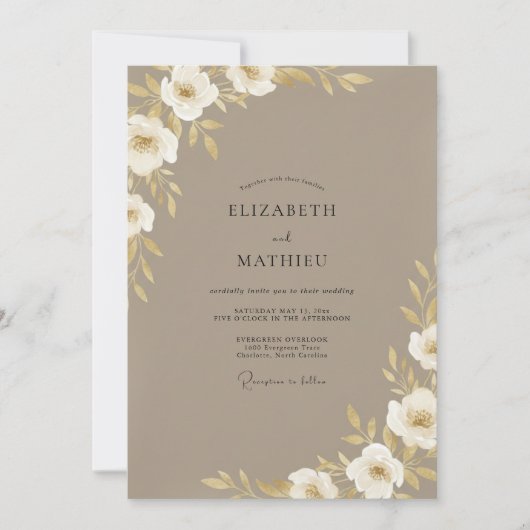 Invitation Mariage Fleur de Blanche Taupe (Devant)