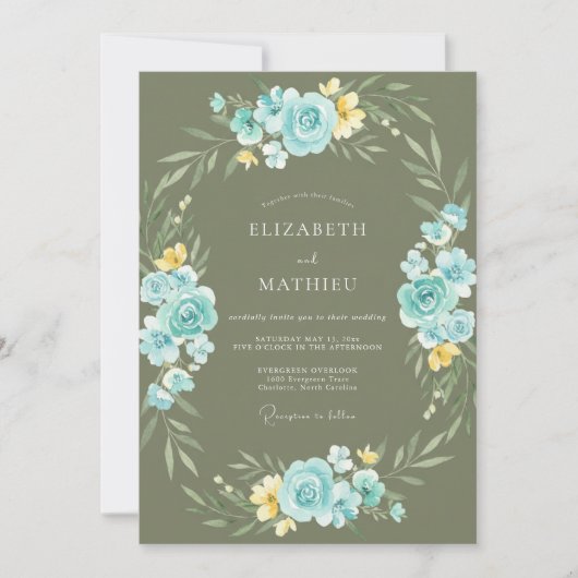 Invitation Mariage Fleur de Bleu Azure et Olive (Devant)