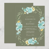 Invitation Mariage Fleur de Bleu Azure et Olive (Devant / Derrière)