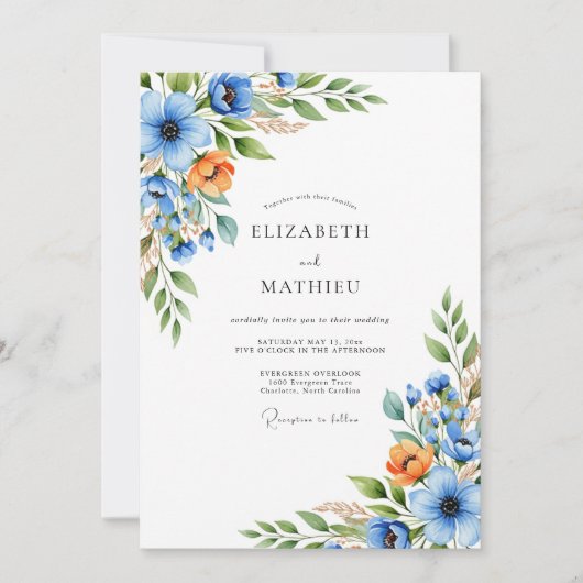 Invitation Mariage Fleur de Bleu Orange (Devant)