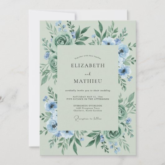 Invitation Mariage Fleur de Bleuet Feuillage Eucalyptus Menth (Devant)