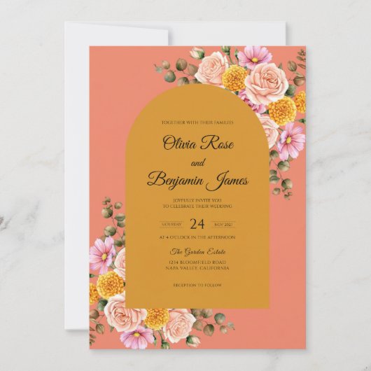 Invitation Mariage Fleur de Bloom Corail Or (Devant)