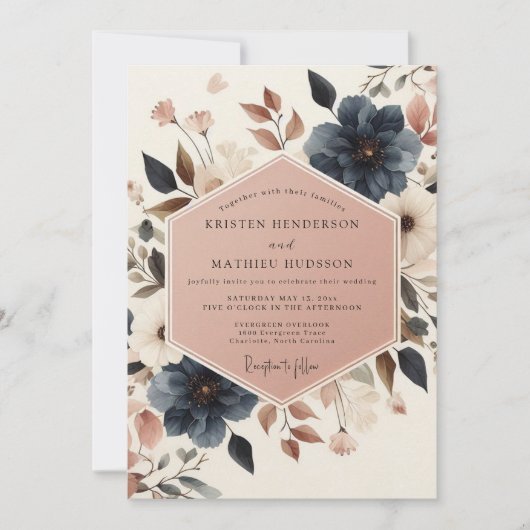 Invitation Mariage Fleur de Bois Marine (Devant)