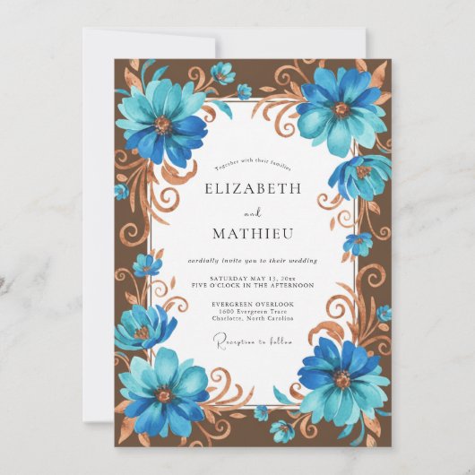 Invitation Mariage Fleur de Bronze Cyan (Devant)