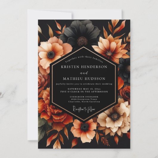 Invitation Mariage Fleur de Burnt Orange Noir (Devant)
