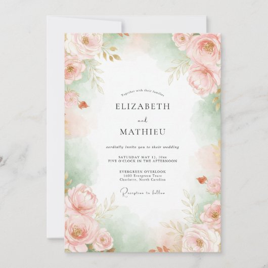 Invitation Mariage Fleur de Céladon Rose (Devant)