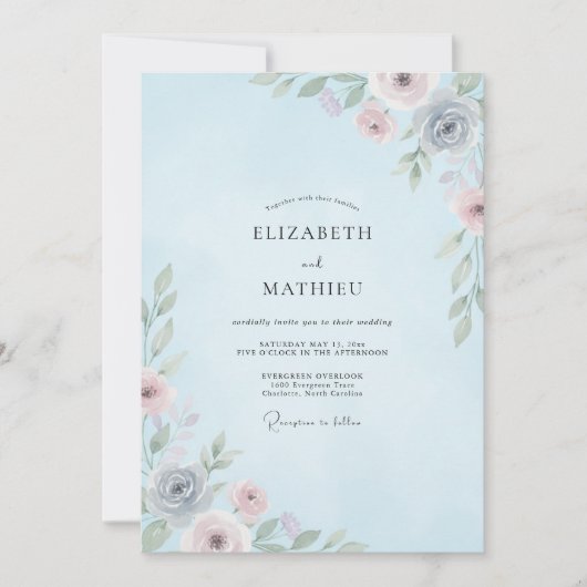 Invitation Mariage Fleur de Cerisier Bleu Poudre (Devant)