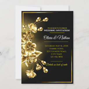 Invitation Mariage Fleur de Cerisier Métallic Or 3D de Luxe