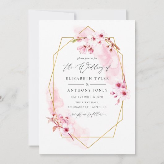 Invitation Mariage Fleur de Cerisier Rose Géométrique de Prin (Devant)