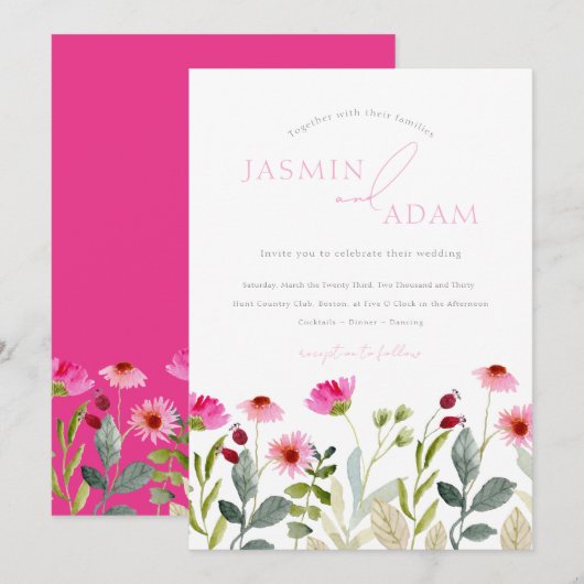 Invitation Mariage Fleur de Champ Rose Moderne (Devant / Derrière)