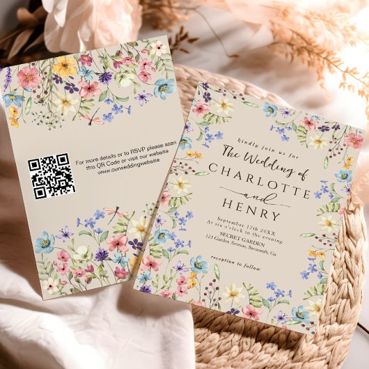Invitation Mariage Fleur de Champ Rustique Simple Code QR Mod