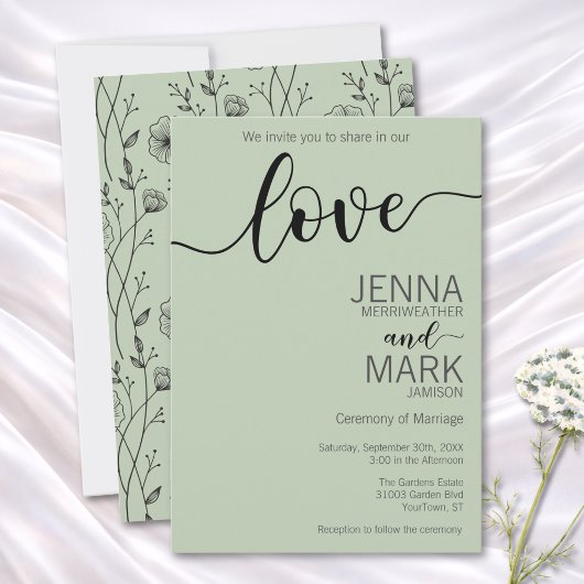 Invitation Mariage Fleur de Champ Script Vert Sauge 