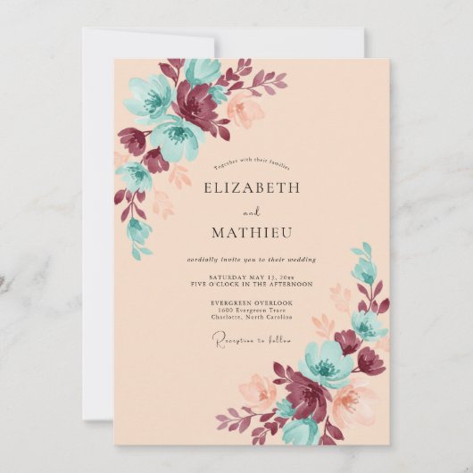 Invitation Mariage Fleur de Champagne sarcelle (Devant)