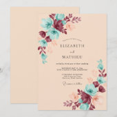 Invitation Mariage Fleur de Champagne sarcelle (Devant / Derrière)