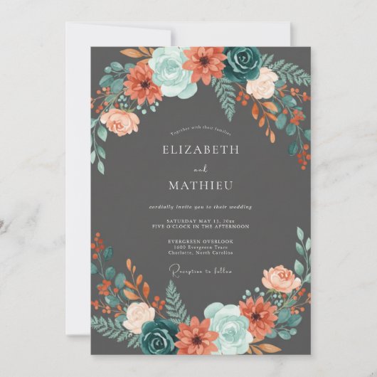Invitation Mariage Fleur de Charbon Aqua (Devant)