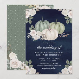 Invitation Mariage Fleur de Citrouille Vert Sauge Bleu Nuit