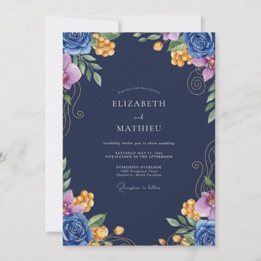 Invitation Mariage Fleur de Cobalt Navy (Devant)