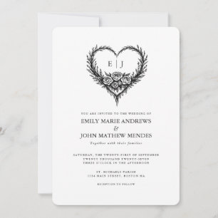 Invitation Mariage Fleur de Coeur Noir et Blanc Dessinée à la