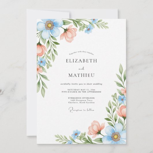 Invitation Mariage Fleur de Corail Bleu Ciel (Devant)